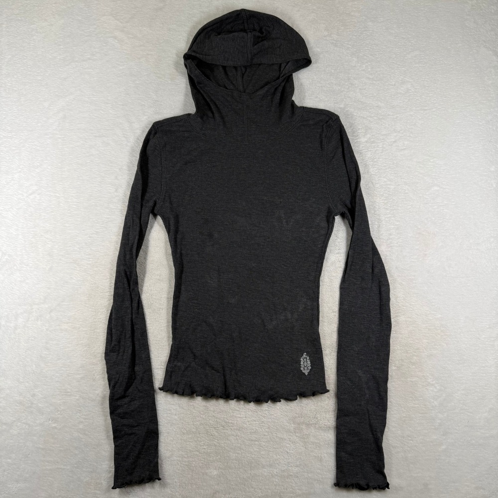 Free People FP Movement Charcoal Ribbed Hooded Long Sleeve Top Small